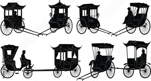 Vintage rickshaw and carriage silhouettes vector illustration, antique transportation collection, traditional Asian and classic vehicle design for retro travel and historical artwork
