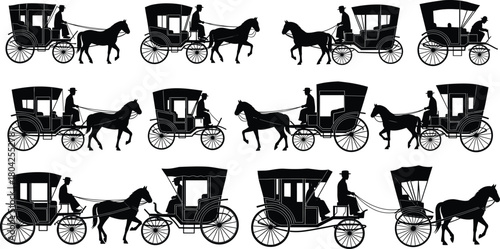 Vintage horse carriage silhouette collection vector illustration, classic transportation set with driver and passenger, retro travel concept for historical and antique artwork design