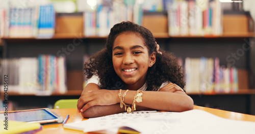 Εκτύπωση καμβά Happy girl, portrait and student with books in library for education, learning or literature