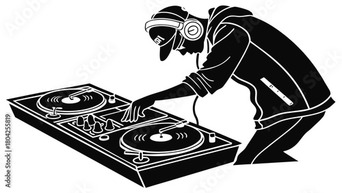Silhouette of a dj in a hoodie and cap using a turntable with headphones on a white background scene vreated with genrated ai