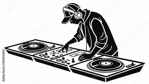 Illustration of a dj with headphones playing music on a turntable with a cap and jacket on stage vreated with genrated ai