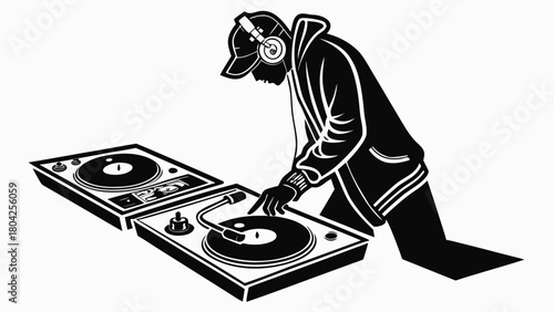 Illustration of a dj wearing headphones and a cap mixing music on two turntables in black and white vreated with genrated ai