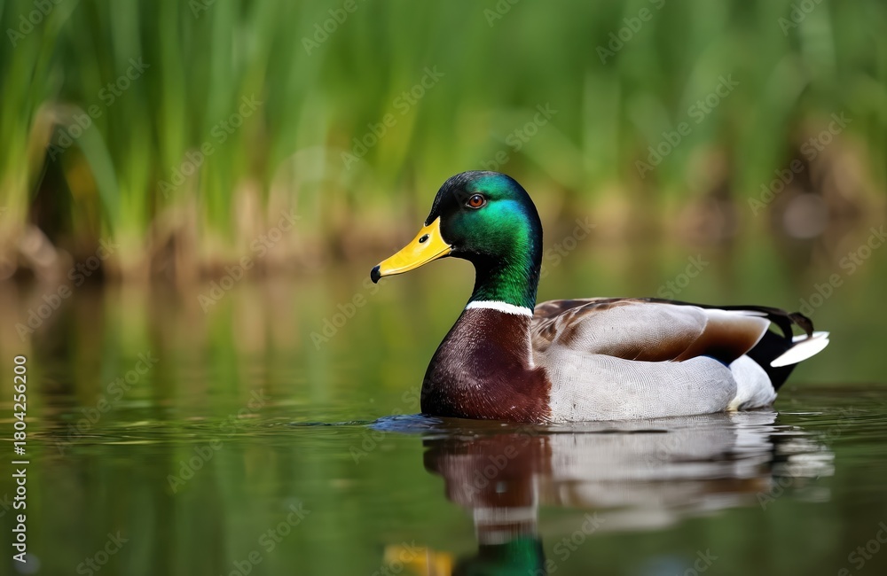Fototapeta premium Male mallard duck swims serene. Bird floats on water with green background. Aquatic animal poses in natural habitat. Wild duck on lake surface reflects in water.