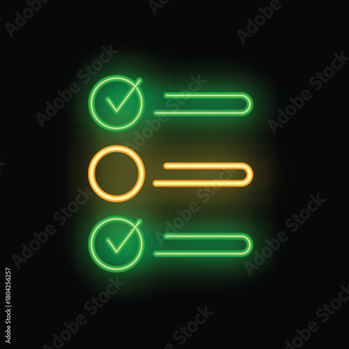 Neon sign checklist glowing on black background with two tasks completed and one pending