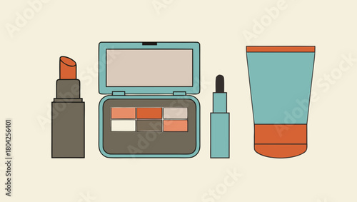 Illustration of cosmetic products including lipstick, eyeshadow, and cream