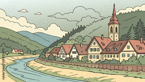 Quaint riverside village nestled among rolling hills and cloudy skies