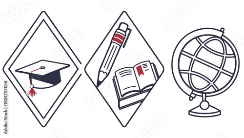 Education and learning concept with graduation cap, pen, book and globe