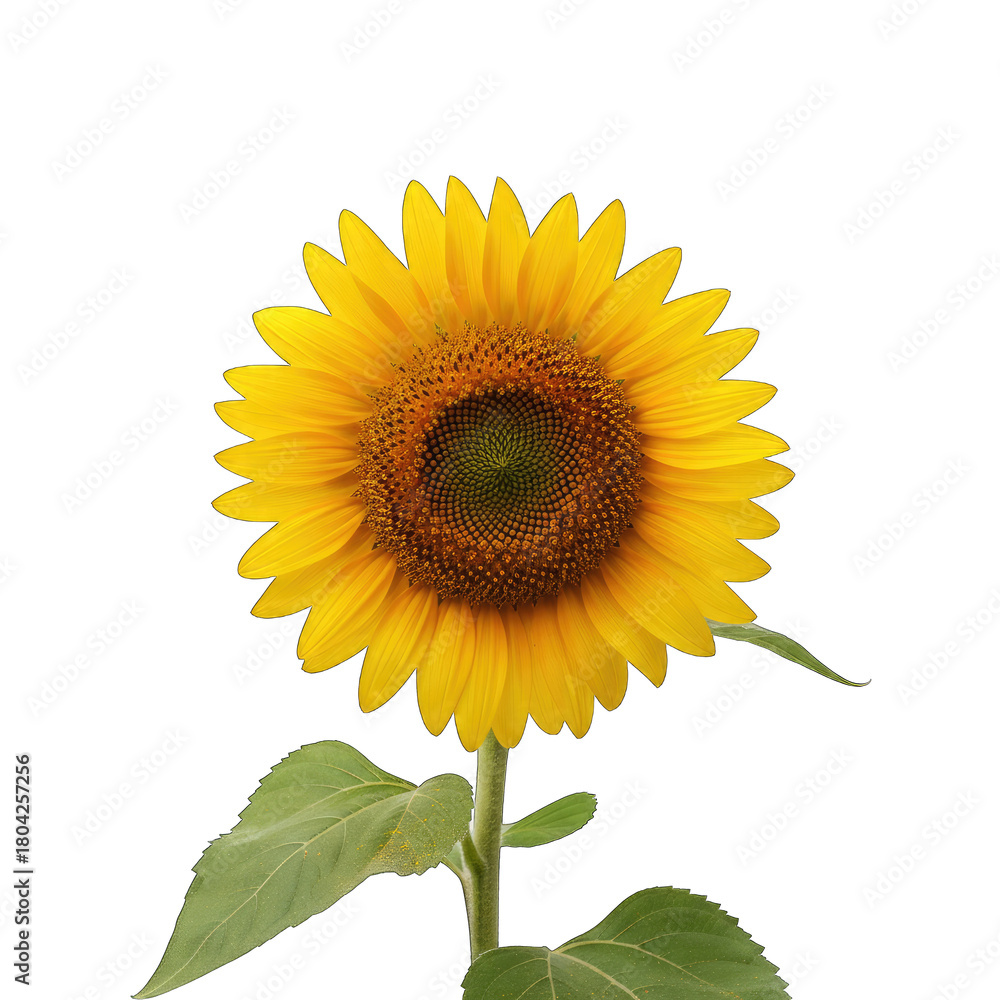 Obraz premium A Detailed Close-up of a Vibrant Yellow Sunflower with Green Leaves and Stem Against a Black Isolated Background