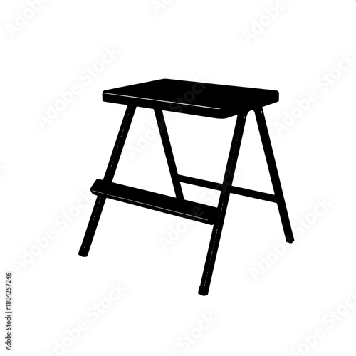 A graphic-style silhouette of a compact folding step stool, presented in solid black on a bright and pristine white canvas, with no visible details or textures, only sharp and precise geometric shapes