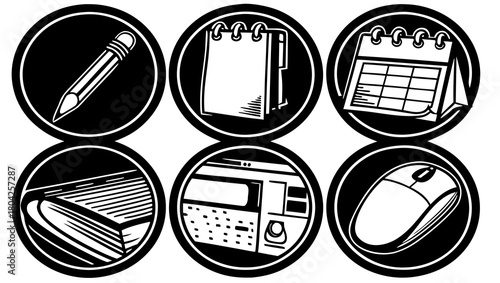 Office supplies icons in black and white circles for business purposes