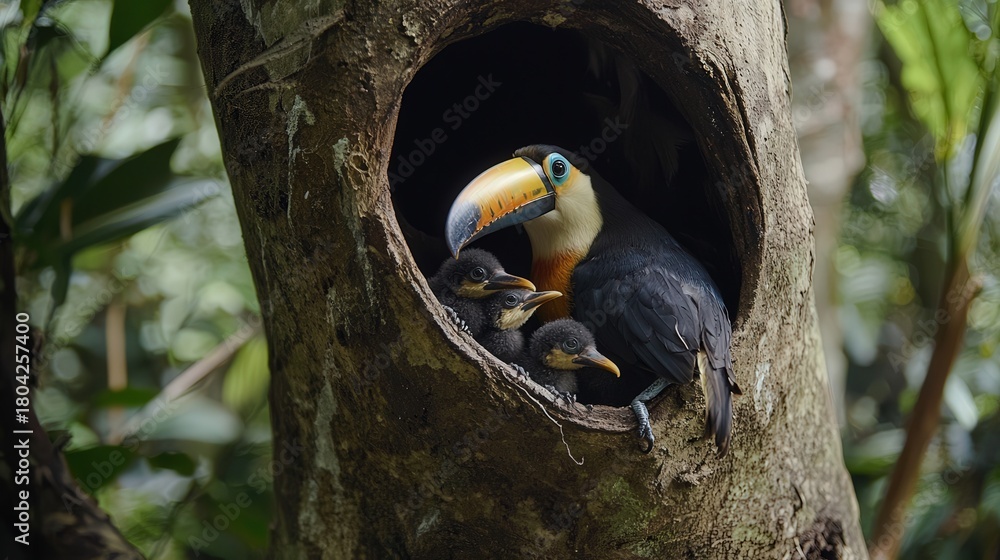 Naklejka premium A toucan feeding its chicks in a hollow tree in a tropical rainforest