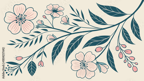 Floral branch with pink flowers and green leaves on a light background