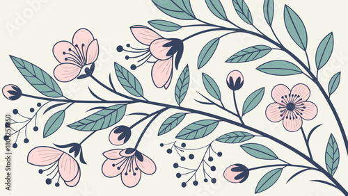 Elegant floral branch with pink blossoms and green leaves on light background