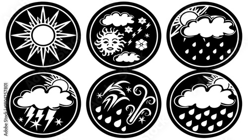 Weather icons showing sun, cloud, rain, snow, and lightning isolated on