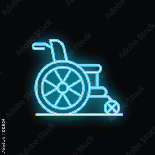 Neon blue wheelchair symbol glowing on a dark background, representing concepts of disability, accessibility, and healthcare