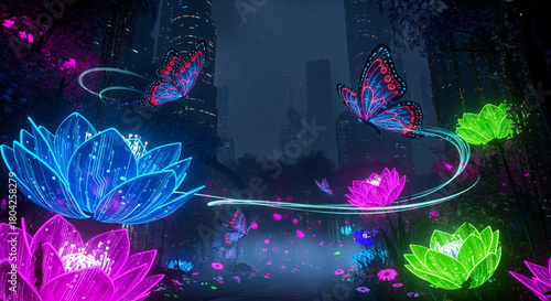 Glowing neon butterflies and luminous lotus flowers in futuristic urban garden