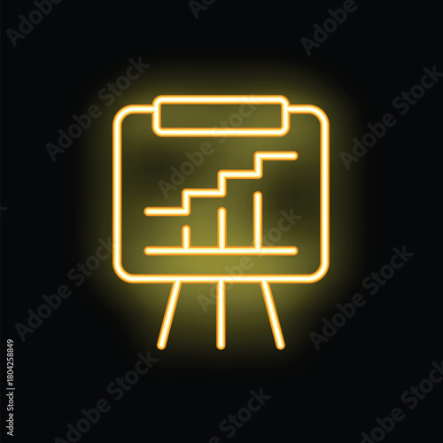 Neon yellow glowing icon of a flipchart showing a growing business chart on a black background