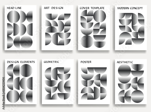 8 abstract posters set with abstract geometric line shapes - modern warped line shapes and concentric line shapes for posters and branding. Optical geometric pattern set. Vector illustration.
