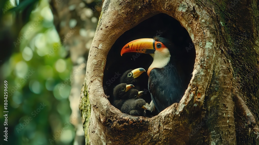 Naklejka premium A toucan feeding its chicks in a hollow tree in a tropical rainforest