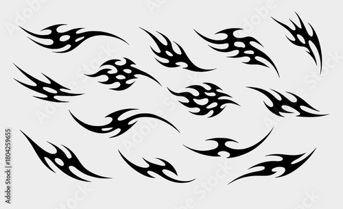  Set pack Tribal Sigilism Flame Tattoo Symbol with Y2K Edgy Aesthetic, Abstract Burning Fire Silhouette, High Contrast Sharp Line Ornament for Fashion Graphic, Sticker Print and Digital Art Asset