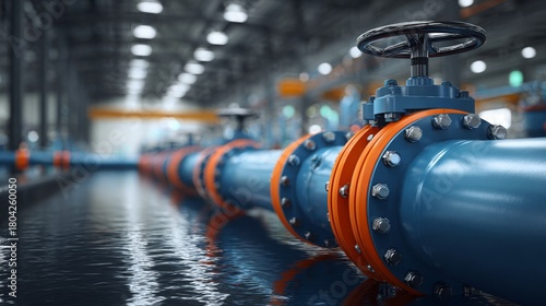 Aligned blue industrial pipes, valves shown. Plumbing system with orange flanges. Pipes conduct fluids in factory workshop. Metal pipeline transmits water for industrial process. Construction,
