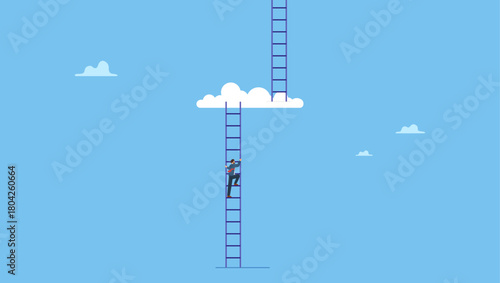 Ambitious businessman climbing up ladder to cloud level to reach next level. Progress to next level, career development or business improvement reaching better quality, growth or growing.