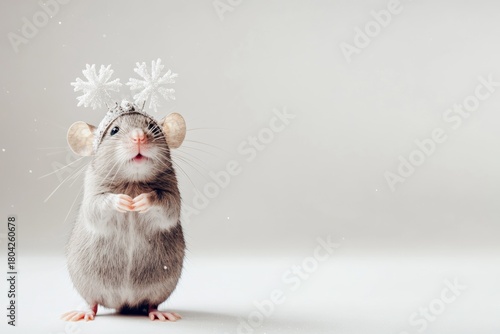 Tiny gray mouse standing upright with snowflake crown in festive holiday atmosphere