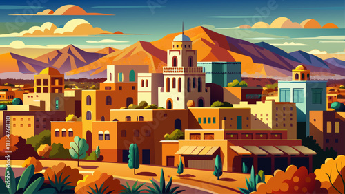 Very beautiful downtown Santa Fe skyline, New Mexico, featuring low-rise adobe-style buildings, distant mountains, and warm southwestern light under a clear sky, capturing the city’s unique architectu