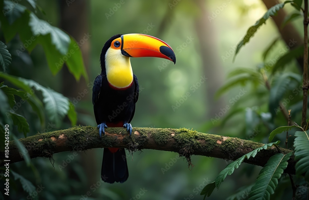 Fototapeta premium Toucan sits on mossy tree branch in rich green rainforest. This colorful exotic bird has large bright beak. It perches calmly amidst dense jungle foliage.