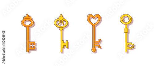 Collection of four cartoon style golden and bronze shiny keys, elements of different designs