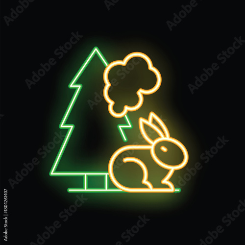 Neon sign showing a rabbit remaining calm by a tree during a thunderstorm