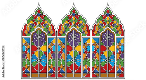 Vibrant stained glass windows showcase intricate patterns and rich colors, evoking a sense of historical artistry and spiritual beauty in architectural design.