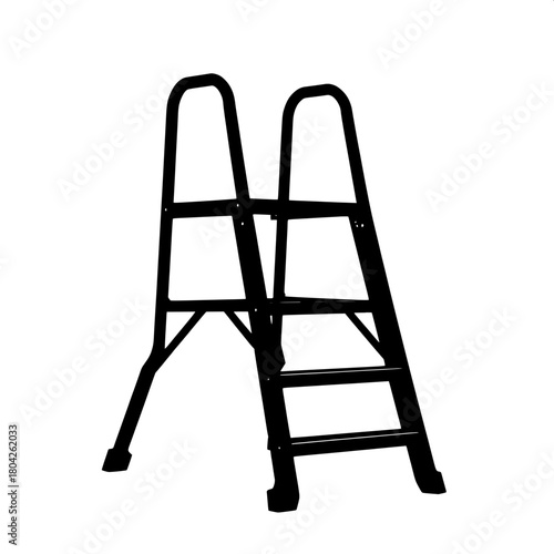 “A minimalist black silhouette of a four-step utility ladder, angled slightly toward the viewer. The design is simple and functional, with crisp edges that contrast sharply against the white backgroun
