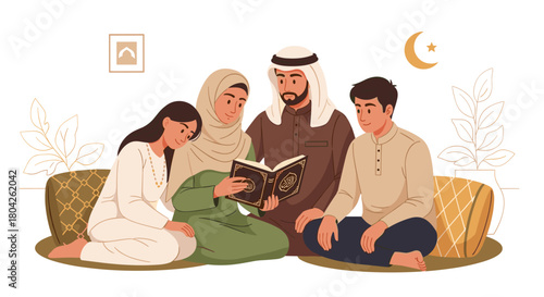 A loving Muslim family, parents and children, peacefully engages in spiritual learning by reading the Quran at home, fostering knowledge and strong cultural bonds.