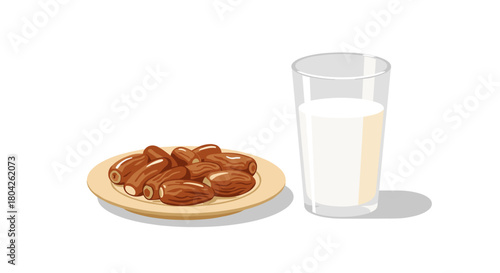 A refreshing glass of fresh milk stands beside a plate of sweet, nutritious dates, symbolizing healthy eating and traditional customs.