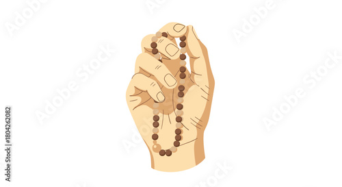 A hand gently holds prayer beads, symbolizing faith, meditation, and spiritual devotion in a clean, modern vector illustration.