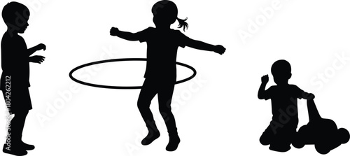 Silhouette of children playing with hula hoop and toy car, fun outdoor activity, childhood happiness, active kids, and playful recreation vector illustration