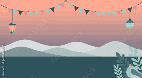 A flat design landscape illustration portrays a serene sunset over rolling hills and calm water, enhanced by festive bunting and a glowing lantern.