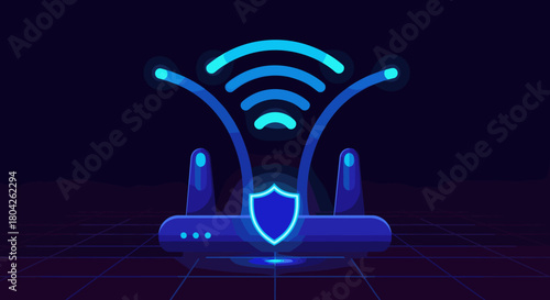 A futuristic blue Wi-Fi router with a prominent shield icon illustrates secure wireless internet connectivity and robust digital data protection.