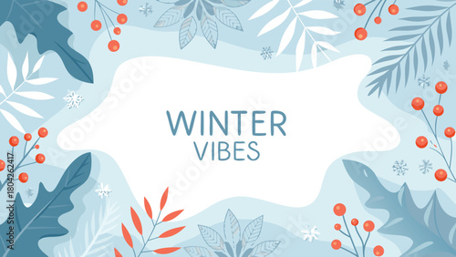 Elegant modern winter botanical border design featuring delicate icy leaves and natural elements perfect for festive invitations and seasonal decor