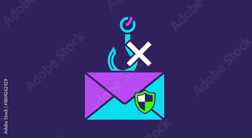 A modern illustration symbolizing email security and phishing prevention, featuring a protected message envelope with a shield and a crossed-out hook.