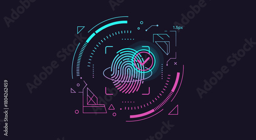 A sleek, glowing biometric fingerprint icon with a successful verification checkmark, representing secure digital identity and advanced access technology.