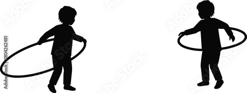 Silhouette of children playing with hula hoops, active kids outdoor fun activity, childhood exercise concept, summer leisure playtime, vector illustration design