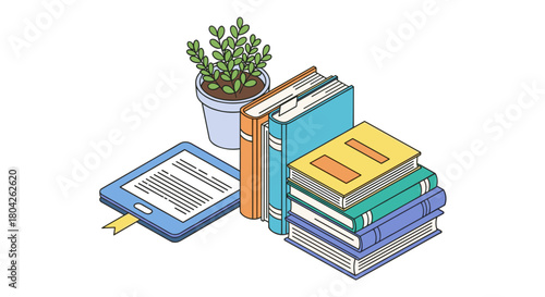 This vibrant vector illustration beautifully blends traditional physical books with a modern e-reader, accompanied by a cozy houseplant, symbolizing diverse learning and leisure pursuits.