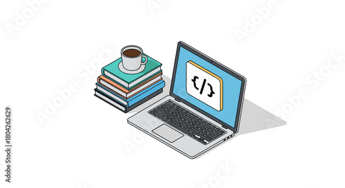 A minimalist illustration displays a laptop with a coding symbol, accompanied by a stack of educational books and a warm coffee cup, representing learning and development.