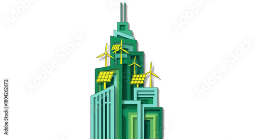A modern, eco-friendly skyscraper featuring solar panels and wind turbines symbolizes sustainable urban development and renewable energy solutions.