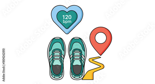 This clean vector illustration features running shoes, a heart rate monitor, and a route tracker, symbolizing a personal fitness journey and active life.