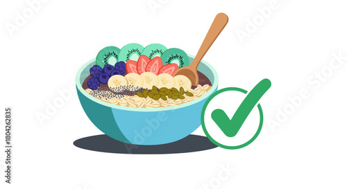 A vibrant and nutritious breakfast bowl filled with fresh fruits and healthy grains, promoting a balanced diet and mindful eating choices.