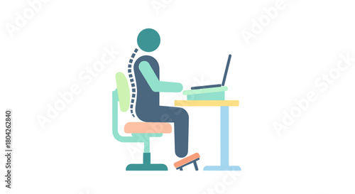 An illustration of a person demonstrating excellent ergonomic posture while working at a desk with a laptop, promoting health and comfort in the workplace.