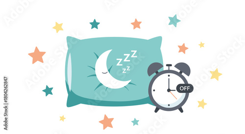 A serene flat design illustration showcases a cozy pillow with a sleeping moon and an alarm clock turned off, surrounded by stars, representing peaceful sleep.